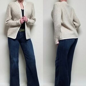 Vintage 60s Compositions Cream Ecru Boucle Knit Open Front Long Sleeve Cardigan